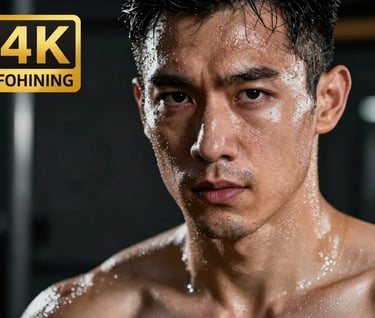Intense close-up of a male model's face and shoulders, sweating after a workout, sharp gaze directed at the camera, dramatic side lighting in a charcoal black gym, silver mist highlights on skin.