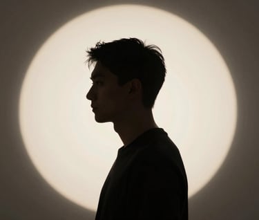 Abstract male silhouette against a glowing Off-white circular light, creative AI-inspired composition.