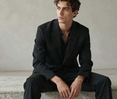 A mid-shot of a model sitting on a concrete ledge, looking away from the camera. The style is cinematic and high-fashion, with a color palette of deep black and soft off-white highlights.