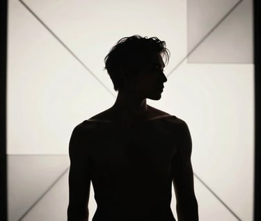 An artistic shot of a male model's silhouette against a soft off-white back-lit screen showing silver grey geometric patterns. Modern, minimalist, and high-impact visual composition.