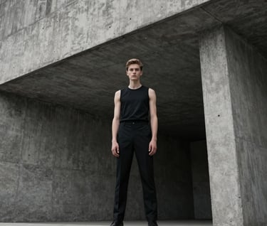 Low angle architectural shot of the model standing against a brutalist concrete structure. The colors are muted charcoal grey and jet black, conveying strength and stability. Clean lines and minimalist composition.