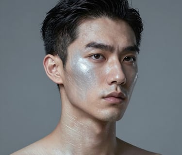 Futuristic male portrait with subtle AI-generated patterns on skin, cool Silver Grey lighting, clean minimalist composition.
