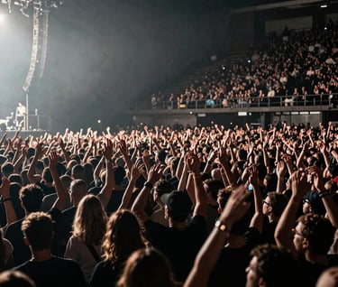 Wide shot of a massive crowd at a live concert, hands in the air, illuminated by subtle gray and off-white strobe lights. Dark, moody, and raw rock-and-roll vibe at a Western European / Dutch arena.