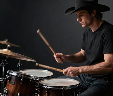 Dynamic action shot of a drummer in a Western European club. Motion blur on the drumsticks against a deep charcoal anthracite background. Moody, elegant, and minimalist rock photography style.