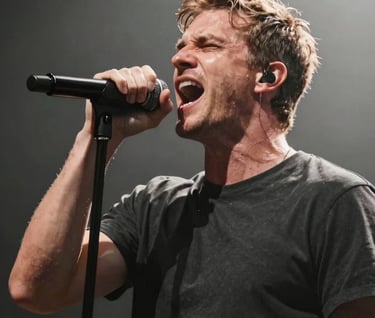 A powerful action shot of a rock singer mid-scream, the microphone gripped tightly. The composition is minimalist, focused on the raw emotion, with a dark anthracite background and sharp, off-white stage lighting. Western European / Dutch style.