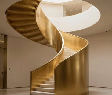 Un plan fixe cinématographique montrant un escalier en colimaçon éclairé par une unique source lumineuse dorée, design avant-gardiste, esthétique luxueuse et minimaliste, contexte Western European / French.