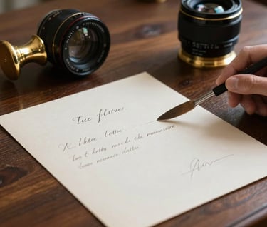 Gros plan détaillé d'un accessoire de film : une lettre manuscrite à la plume posée sur un bureau en bois sombre avec un encrier doré, éclairage latéral dramatique, style minimaliste et élégant.