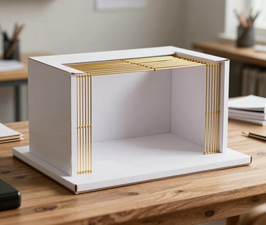An architectural model for a stage design, meticulously crafted from white cardboard and gold wire, sitting on a designer's wooden desk in a bright studio, Western European / French creative workspace.