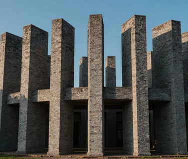Vue en contre-plongée d'une structure architecturale éphémère construite pour un décor de film, lignes géométriques épurées, éclairage contrasté mettant en valeur les tons gris-bleu et l'or, cadre Western European / French.