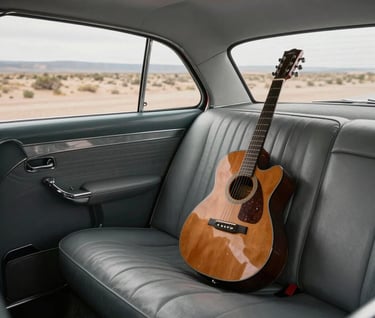 Interior of a classic American car with a guitar in the backseat, traveling through North American / US landscapes, soulful and nostalgic, sand and charcoal gray colors.