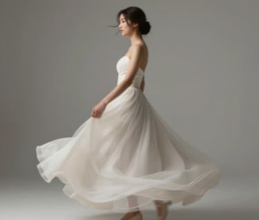 A blurred motion shot of a bride spinning in her dress, captured with an artistic, contemporary flair. The palette features soft #CFC7BB and #6E6D74 hues with a professional, cinematic feel.