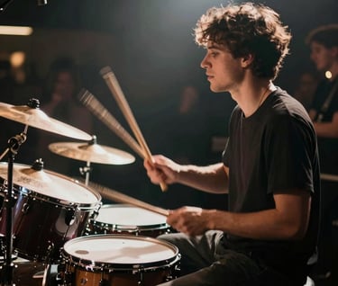 An artistic shot of a live band performing at an evening event. The motion blur of the drummer’s sticks creates a sense of dynamic energy. The lighting features sharp contrasts between deep #20232B shadows and bright spotlight flares, following an authentic documentary style.
