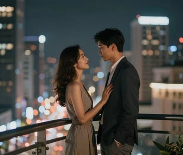 A cinematic shot of a couple standing on a city balcony at night. Professional lighting captures the contemporary mood with #20232B and #6E6D74, reflecting the urban elegance of Joy Liu Media.