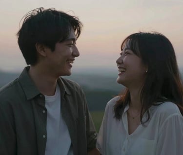 Candid moment of a couple sharing a quiet laugh in an outdoor setting at dusk. The mood is one of authentic storytelling, with a soft-focus background in #6E6D74 tones and warm highlights.