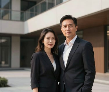 A sophisticated portrait of a couple in a modern architectural setting. The composition uses clean lines and dramatic lighting. Incorporates #20232B shadows and #F7F5F0 highlights for a professional, artistic elegance.