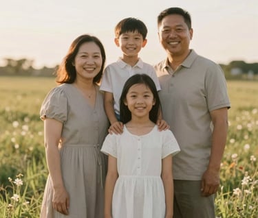 A candid and authentic family portrait in a lush field during the golden hour. The lighting is soft and flattering, highlighting genuine smiles with a warm palette of #CFC7BB and #F7F5F0.