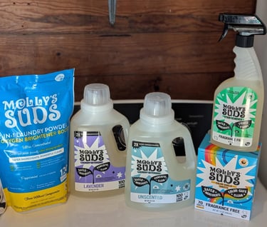 Low-toxin laundry products used for wash and fold service in Athens, AL including Molly’s Suds deter