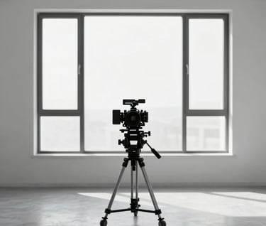 Wide shot of a professional film set in a minimalist studio. A gimbal-mounted camera stands before a large window. The aesthetic is contemporary and clean, using a palette of #F2F5F7 and #4A616F.