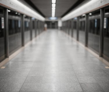 A high-resolution photography still showing an empty subway platform with symmetrical lines. Colors transition from #1A1A1A in the shadows to #F2F5F7 on the tiled floor. Clean, minimalist composition.