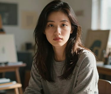 A cinematic portrait of an artist in a sunlit studio, soft natural light, immersive visual storytelling.