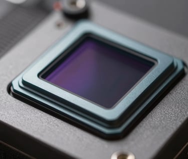 Close-up of a high-resolution camera sensor, intricate technology, contemporary and clean, lighting emphasizing #F2F5F7 highlights.