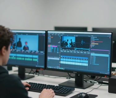 Behind-the-scenes shot of a professional editing suite, glowing monitors displaying blue-toned film sequences, clean and organized minimalist workspace.