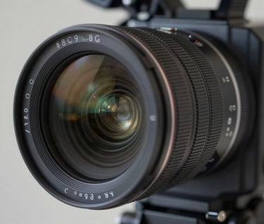 Close-up detail shot of a professional cinema camera lens, focusing on the intricate glass elements and metallic textures. Lighting is soft and professional, incorporating the brand colors #8C9CA6 and #1A1A1A.