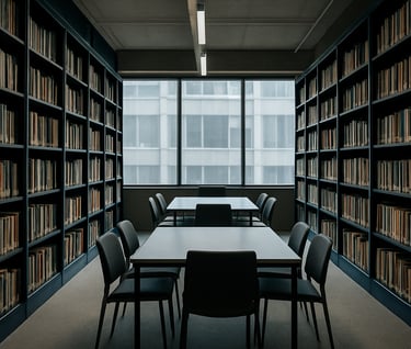 A wide-angle shot of a modern, professional library in São Paulo, Brazil. Dark blue shelves filled with books surround a sleek reading area, with soft light gray light filtering through large windows, creating a serene environment.