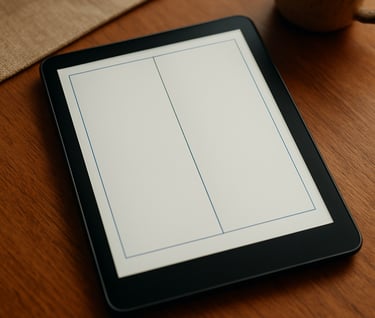 Internal page layout of a digital book on a tablet, showcasing clean typography and spacious margins, steel blue accent lines, soft backlight, South American / Brazilian domestic setting.