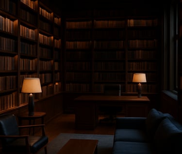 A wide-angle professional photograph of a modern private library with tall shelves. The interior design is sophisticated, featuring dark wood and dark blue tones. A South American / Brazilian setting with soft, ambient lighting.