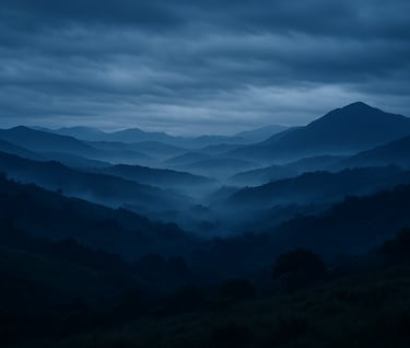 A breathtaking landscape of a misty highland in Brazil during the blue hour. The atmosphere is mysterious and expansive, with deep steel blue tones and subtle light gray clouds, representing the scale of the narrative.