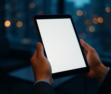 A detail shot of a modern tablet screen displaying the title page of an e-book. The tablet is held by hands in a professional setting in a Brazilian corporate lounge, with soft bokeh of city lights in the background, dominated by navy blue hues.