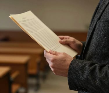 A side-profile photograph of a person's hands holding a thick, cream-colored research paper. The person is wearing a dark charcoal wool blazer. The setting is a quiet, dimly lit academic hall.