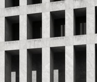 A black and white architectural photograph of a minimalist modern building facade with clean lines and sharp shadows. The style is intellectual and serious, suggesting a think-tank or academic institution. High contrast between charcoal shadows and light cream stone.