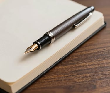 A close-up of an open fountain pen resting on a thick, cream-colored research journal. Beside it, an espresso-toned wooden desk shows a quiet grain, conveying a sense of deep study and academic rigor.
