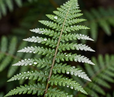 Extreme macro photography of a single fern frond covered in morning dew droplets in a North American forest. Each drop reflects the surrounding greenery. The colors are dominated by vibrant forest green and crisp off-white highlights. Clean, minimalist aesthetic.