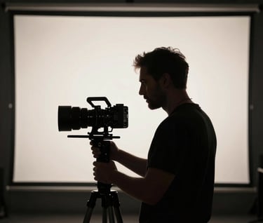 A professional film director in a North American / US studio, silhouetted against a large soft off-white projector screen. The image is dramatic and polished, highlighting the artistry of filmmaking through a noir lens.