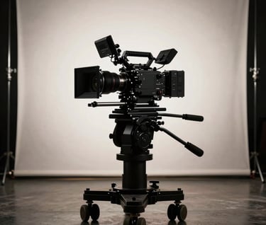 A dramatic still from a film set in a North American / US location. A high-end cinema camera is positioned on a dolly, framed in a dark, polished studio setting with off-white spotlighting creating sharp silhouettes.