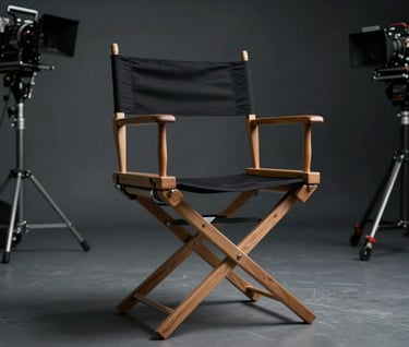 A polished, low-angle shot of a film director's chair in a North American / US production set, surrounded by silhouettes of equipment in a deep charcoal and dark slate gray color palette.