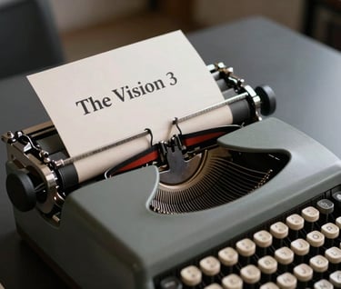 Close-up of a vintage-style typewriter with a script page titled 'The Vision', shot in a dramatic North American / US office setting. Soft off-white paper contrasts against a dark slate gray desk.
