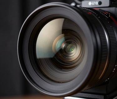 Close-up of a high-end cinema camera lens reflecting a rich black soundstage in a North American / US studio, sharp off-white glints on the glass.