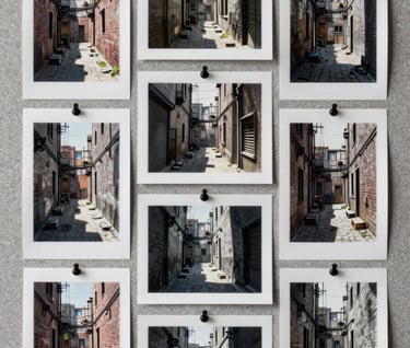 A collection of storyboard sketches pinned to a muted grey corkboard in a North American / US creative studio. The sketches depict dramatic alleyway scenes, lit by sharp, moody shadows.