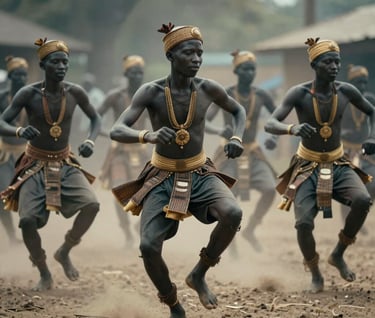 A group of traditional Angolana dancers in motion, soft blur to suggest rhythm, dust catching the light in charcoal grey and muted gold tones, cinematic documentary shot.