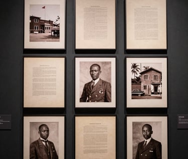 A collection of historical photographs and documents neatly displayed on a dark charcoal black museum wall in Angola, illuminated by focused soft off-white spotlights.