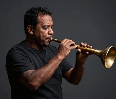 An Angolana musician playing a traditional instrument in a dark studio, cinematic key lighting, deep dark slate grey shadows and gold accents on the instrument.