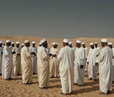 A wide shot of a traditional Angolana ceremony in the desert, participants in off-white garments, captured with a moody, dark grey atmosphere and cinematic scale.