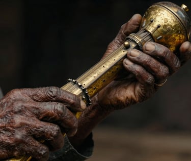 Extreme close-up photography of an elder's weathered hands holding a traditional instrument in a Angolana rural setting, dramatic antique burnished gold lighting against deep obsidian black surroundings, professional cinematography style.