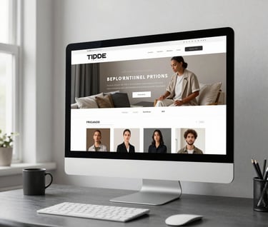 A large desktop monitor in a stylish North American / US home office displaying a sophisticated portfolio homepage, soft white walls, charcoal grey desk, natural window lighting.