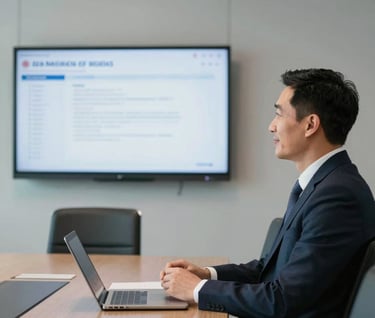A candid photograph of a client in a North American / US corporate boardroom, looking at a digital presentation on a wall-mounted screen. The person looks satisfied, and the environment is styled with professional black furniture and light grey textures.