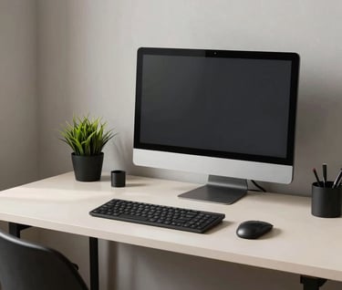 An organized and minimalist North American / US home office workspace featuring a sleek computer monitor on a soft off-white desk, with jet black office accessories and a small green plant.